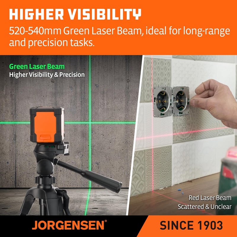 Jorgensen Laser Level with Tripod, 65 FT Self Leveling Cross Line Laser Leveler Tool with 360° Magnetic Base, Green Laser Level for Picture Hanging, Home Renovation, Indoor Project - Image 4